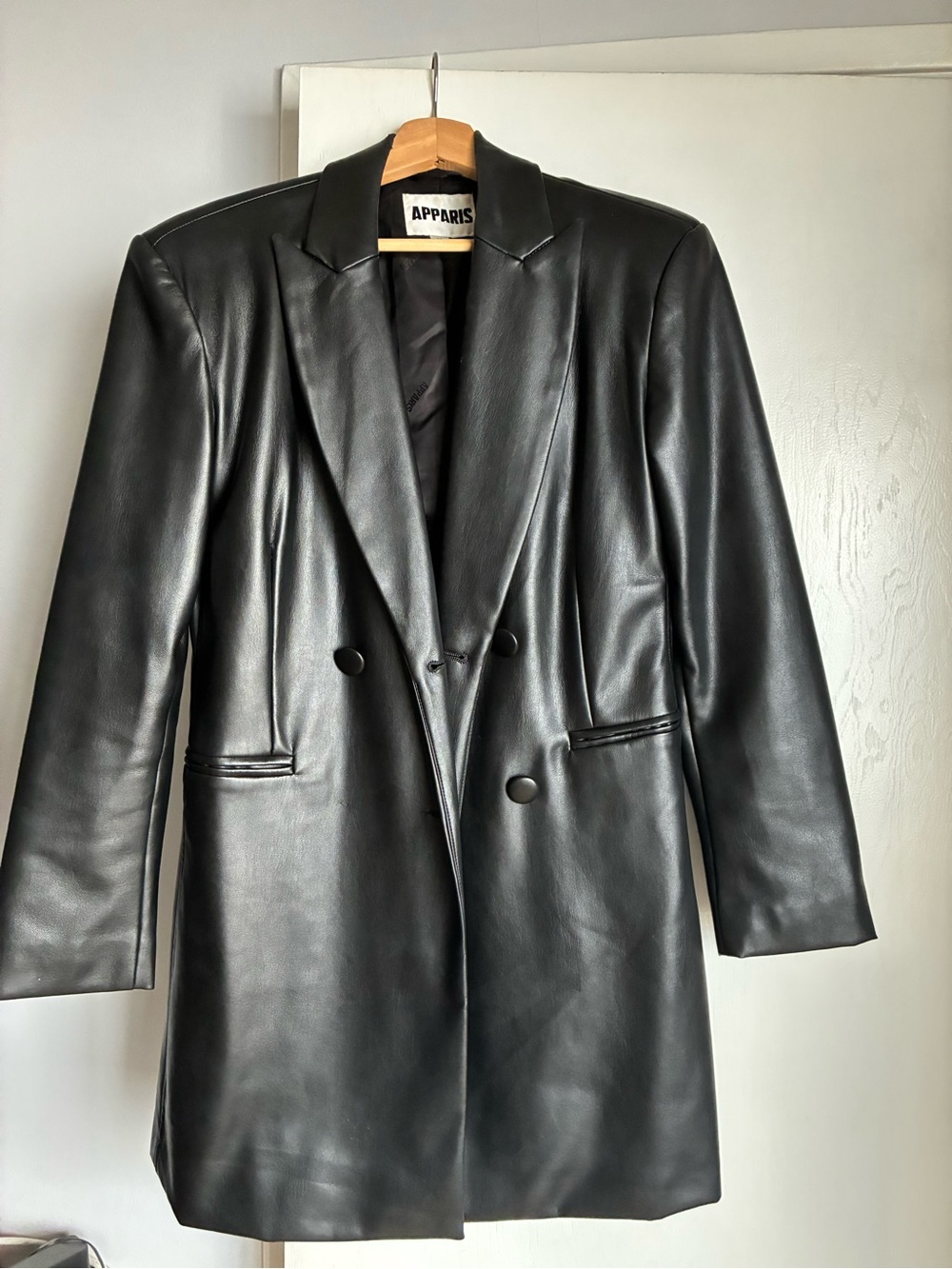Apparis Black Faux Leather Double-Breasted Blazer
